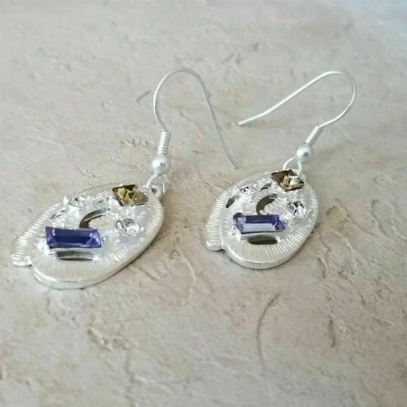 Art Nouveau Sterling Silver Plated Oval Topaz Blue Clear Crystal Dangle Earrings - Picture 4 of 5